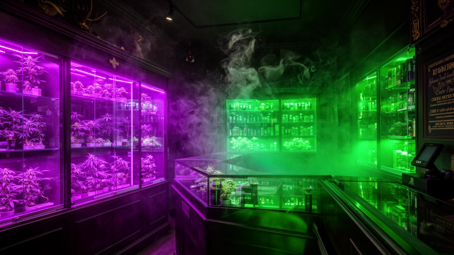 Vibez Smokeshop interior with neon-lit glass display cases